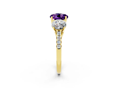 Yellow gold Three-Stone Round Cut Amethyst Ring with Pavé Band and Prong Setting_14