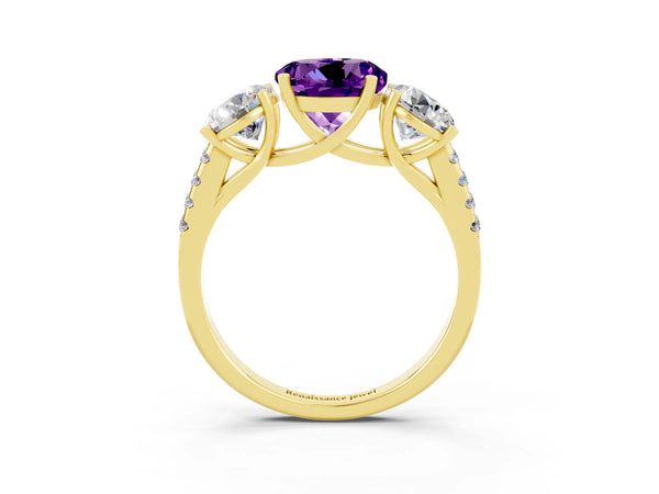 Yellow gold Three-Stone Round Cut Amethyst Ring with Round  Pavé Band and Prong Setting