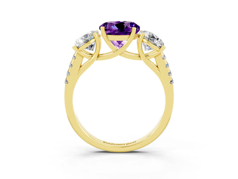 Yellow gold Three-Stone Round Cut Amethyst Ring with Pavé Band and Prong Setting_15