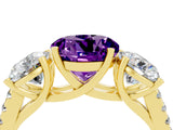 Yellow gold Three-Stone Round Cut Amethyst Ring with Pavé Band and Prong Setting_16