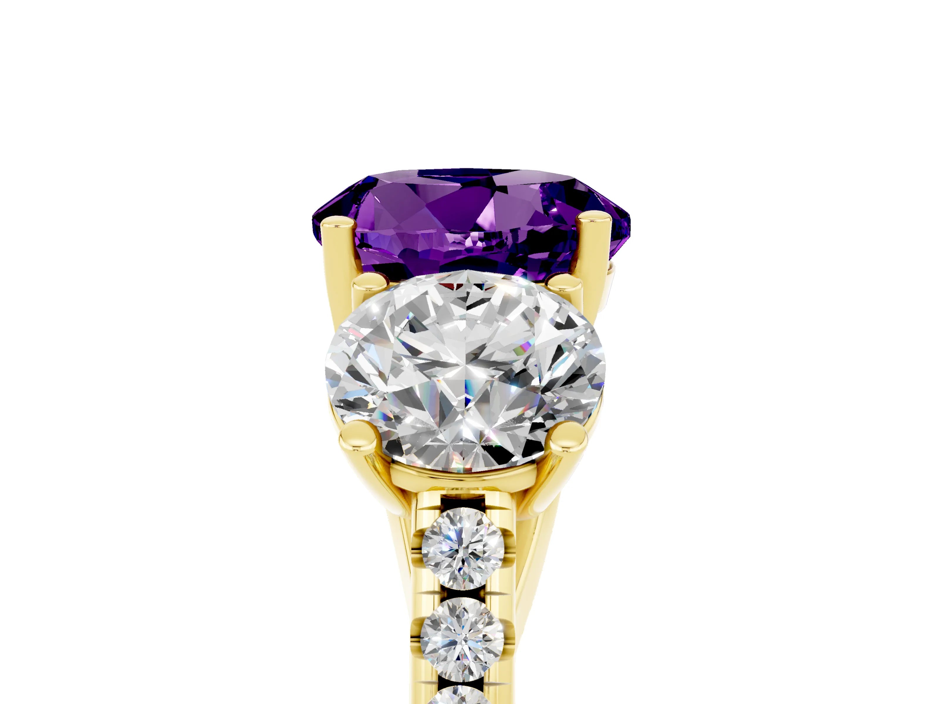 Yellow gold Three-Stone Round Cut Amethyst Ring with Pavé Band and Prong Setting_17