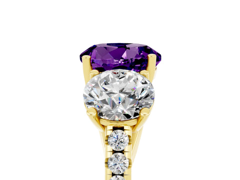 Yellow gold Three-Stone Round Cut Amethyst Ring with Pavé Band and Prong Setting_17