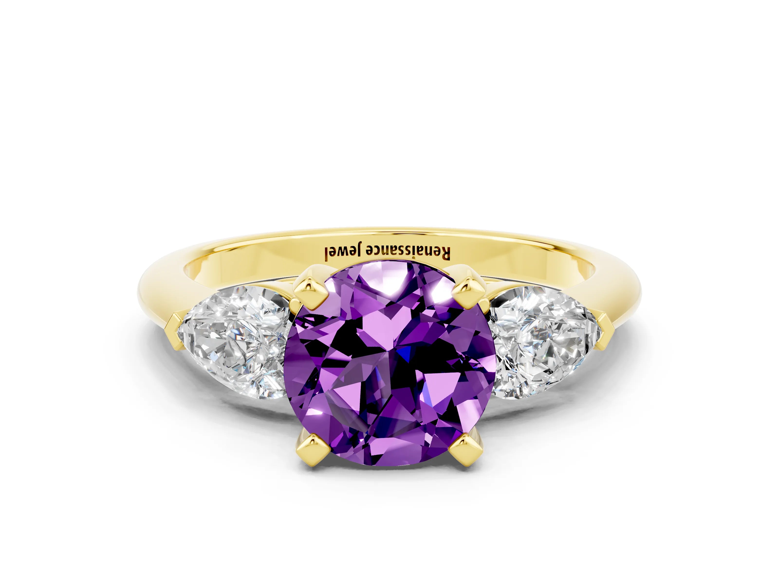 Yellow gold Three-Stone Round Cut Amethyst Ring with Pear Side Stones and Four-Prong Setting
