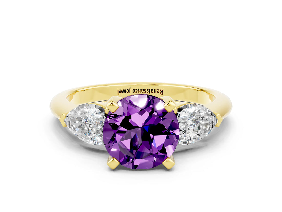 Yellow gold Three-Stone Round Cut Amethyst Ring with Pear Side Stones and Four-Prong Setting
