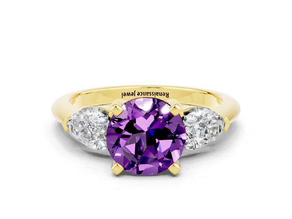 Yellow gold Three-Stone Round Cut Amethyst Ring with Pear Side Stones and Four-Prong Setting