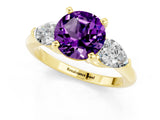 Yellow gold Three-Stone Round Cut Amethyst Ring with Pear Side Stones and Four-Prong Setting_1