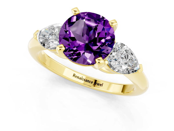 Yellow gold Three-Stone Round Cut Amethyst Ring with Pear Side Stones and Four-Prong Setting