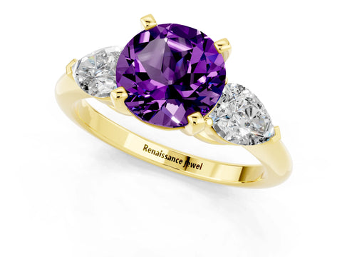 Yellow gold Three-Stone Round Cut Amethyst Ring with Pear Side Stones and Four-Prong Setting_1
