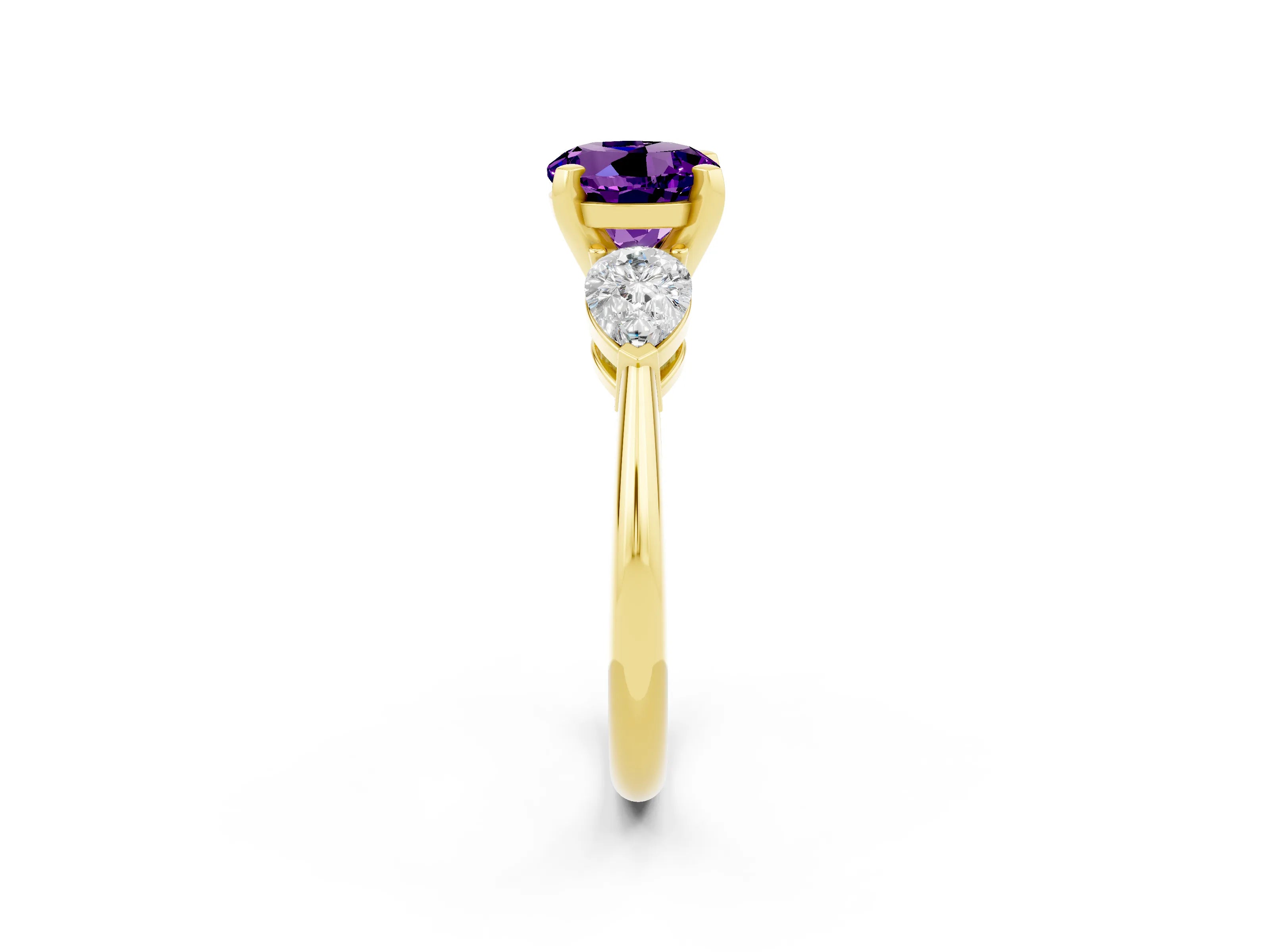 Yellow gold Three-Stone Round Cut Amethyst Ring with Pear Side Stones and Four-Prong Setting_2