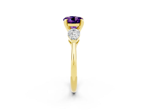 Yellow gold Three-Stone Round Cut Amethyst Ring with Pear Side Stones and Four-Prong Setting_2
