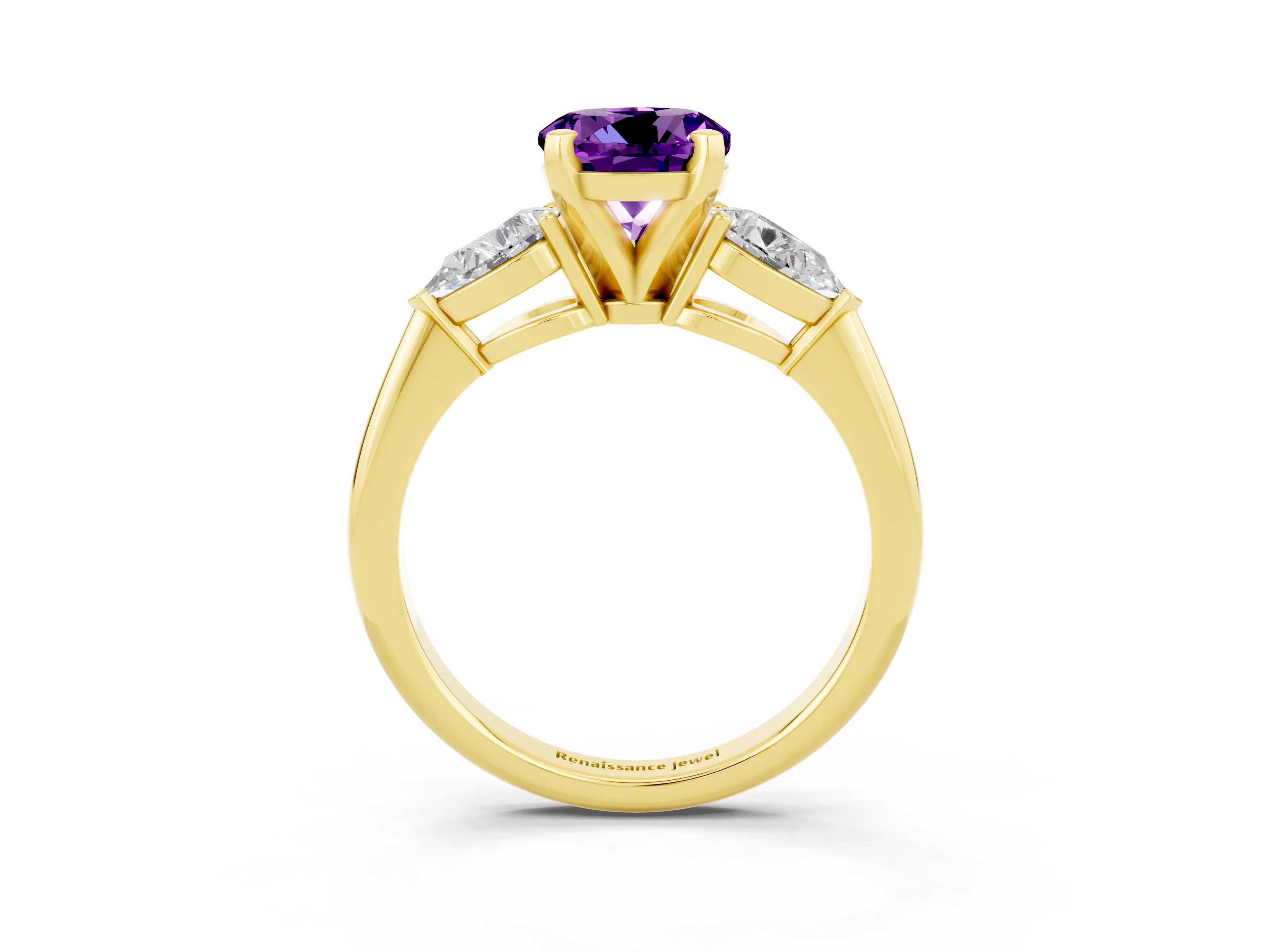 Yellow gold Three-Stone Round Cut Amethyst Ring with Pear Side Stones and Four-Prong Setting_3