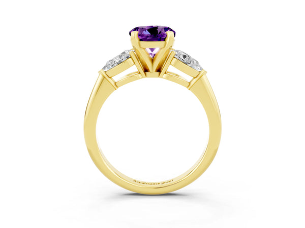 Yellow gold Three-Stone Round Cut Amethyst Ring with Pear Side Stones and Four-Prong Setting