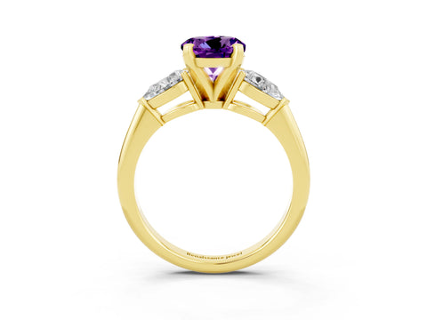 Yellow gold Three-Stone Round Cut Amethyst Ring with Pear Side Stones and Four-Prong Setting_3