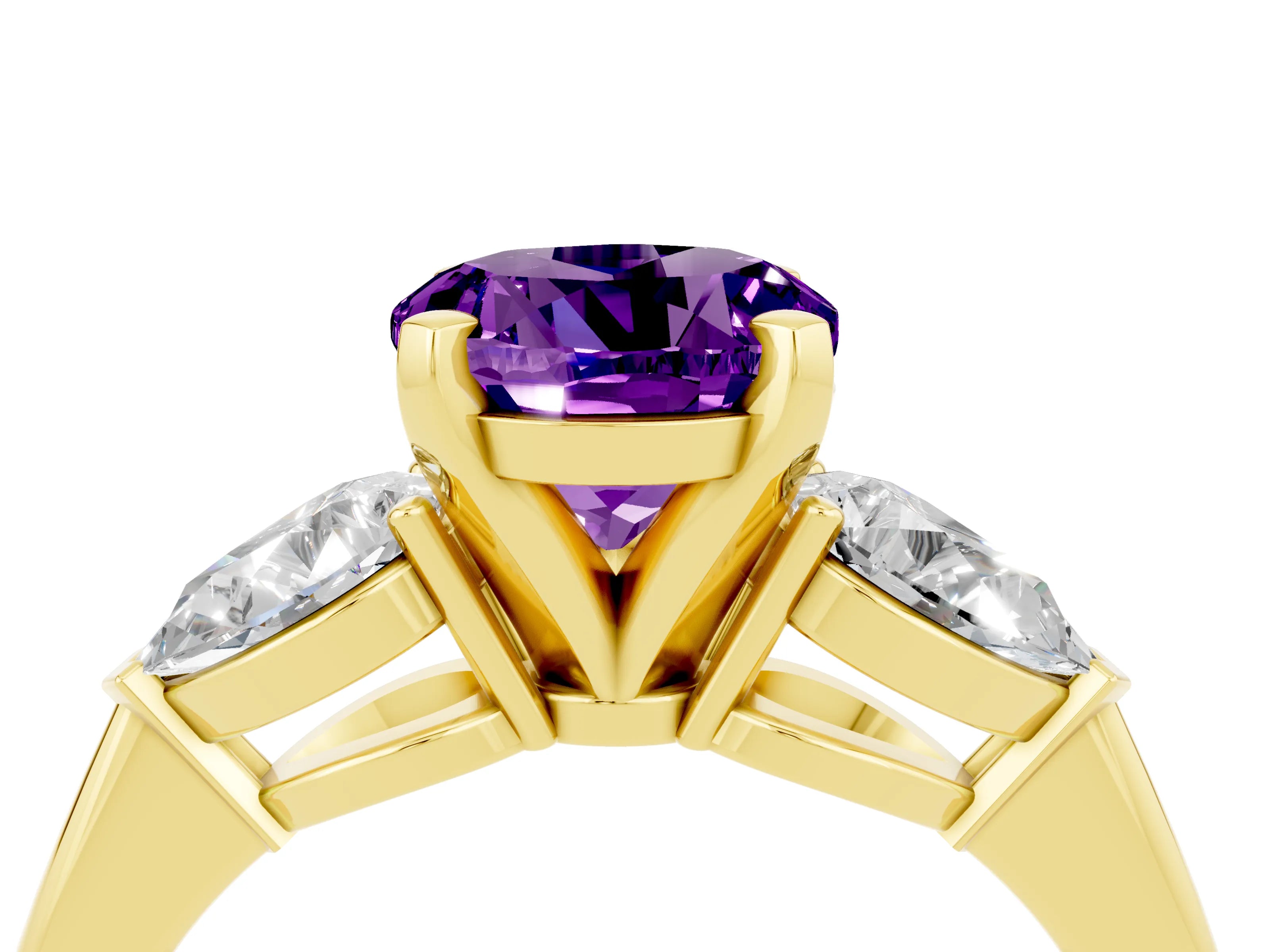 Yellow gold Three-Stone Round Cut Amethyst Ring with Pear Side Stones and Four-Prong Setting_4