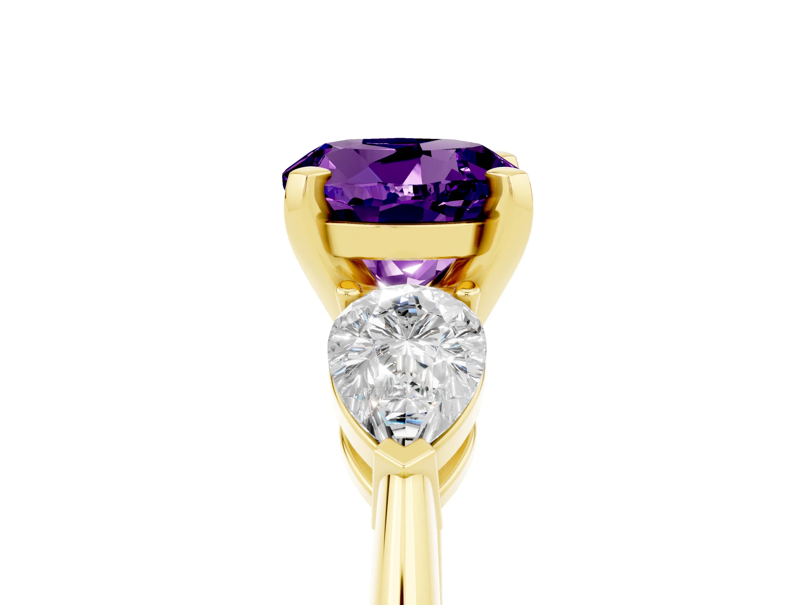 Yellow gold Three-Stone Round Cut Amethyst Ring with Pear Side Stones and Four-Prong Setting_5