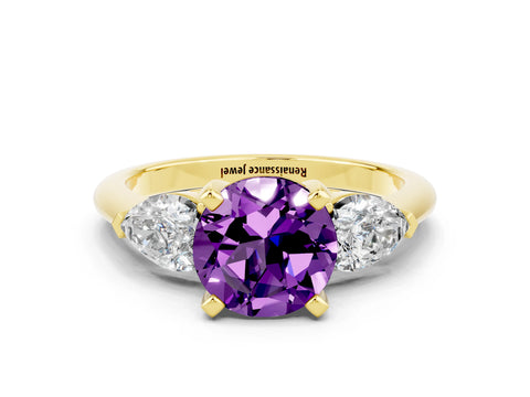 Yellow gold Three-Stone Round Cut Amethyst Ring with Pear Side Stones and Four-Prong Setting