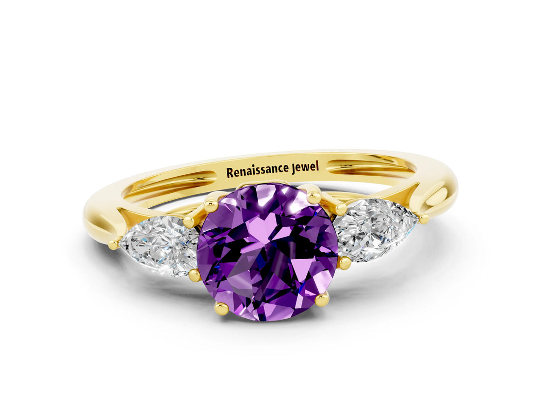 Yellow gold Three-Stone Round Cut Amethyst Ring with Pear  Side Stones in Four-Prong Setting_36