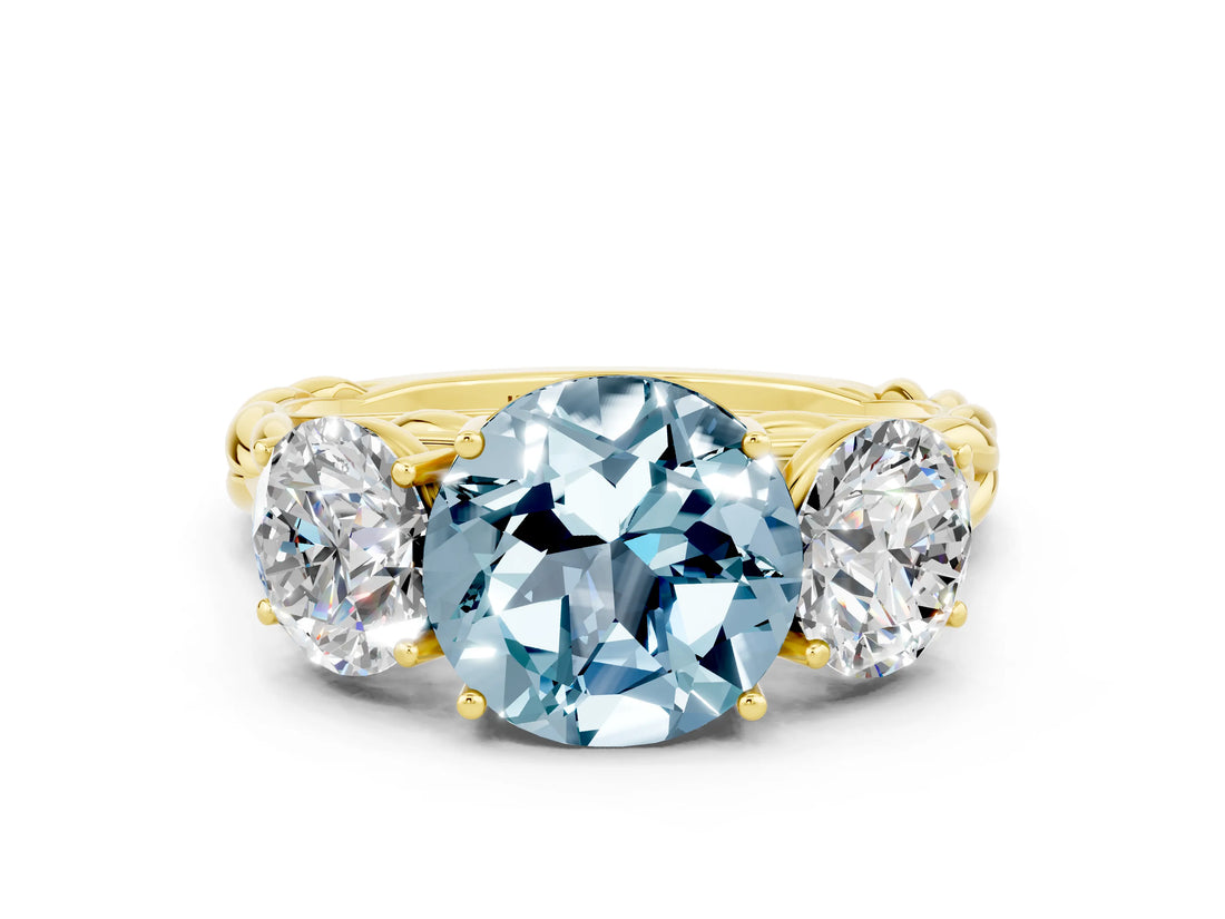 Yellow gold Three-Stone Round Cut Aquamarine Braided Band Ring with Four-Prong Setting_12