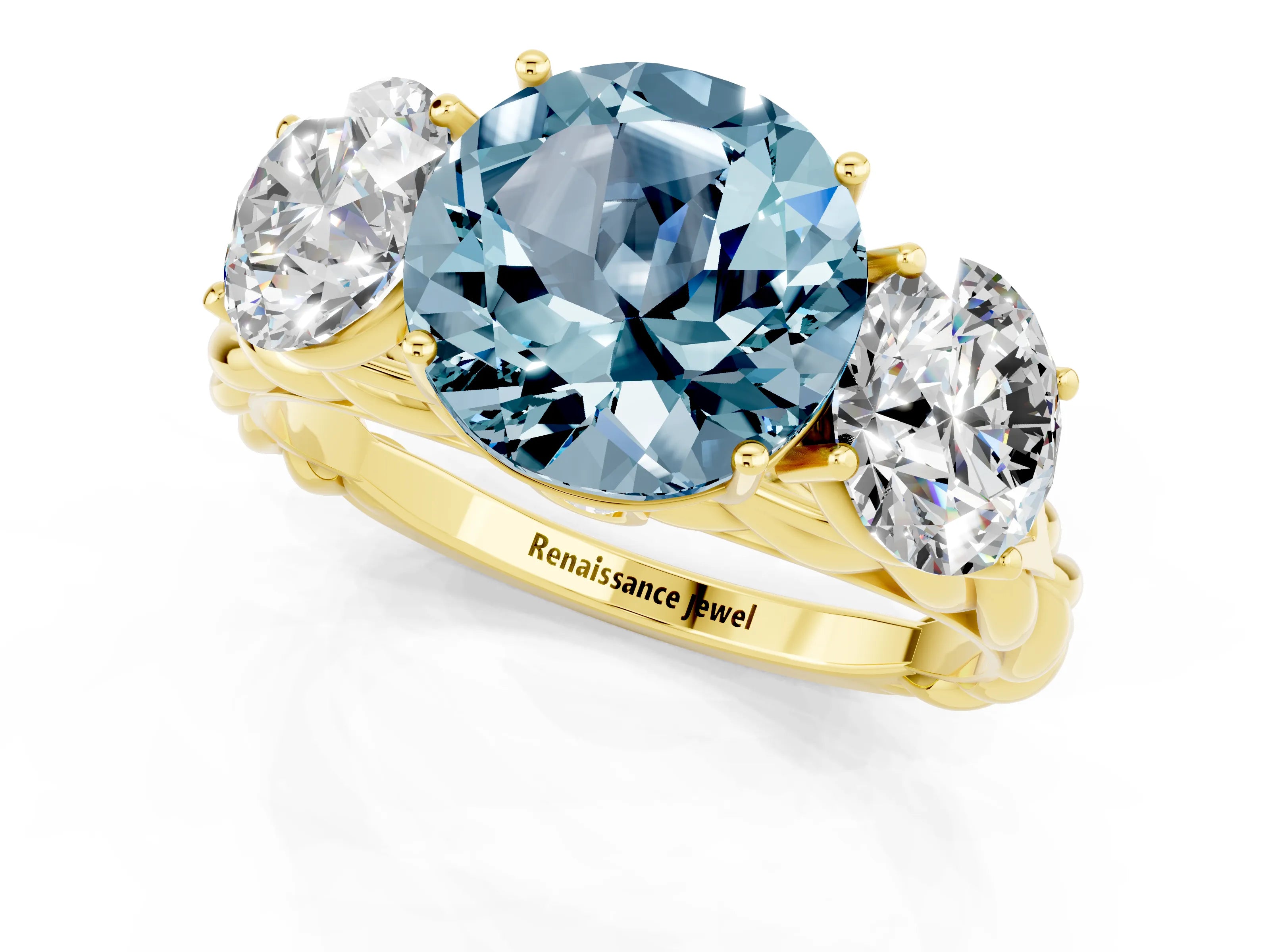 Yellow gold Three-Stone Round Cut Aquamarine Braided Band Ring with Four-Prong Setting_13