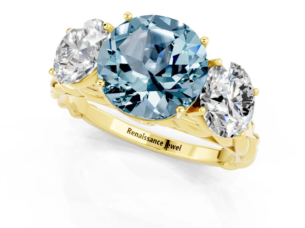 Yellow gold Three-Stone Round Cut Aquamarine Braided Band Ring with Four-Prong Setting