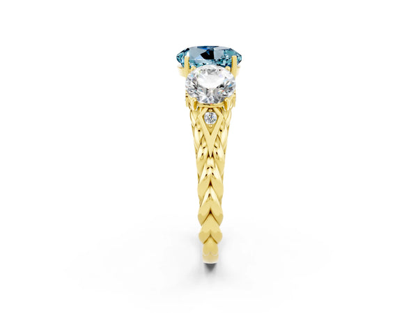 Yellow gold Three-Stone Round Cut Aquamarine Braided Band Ring with Four-Prong Setting