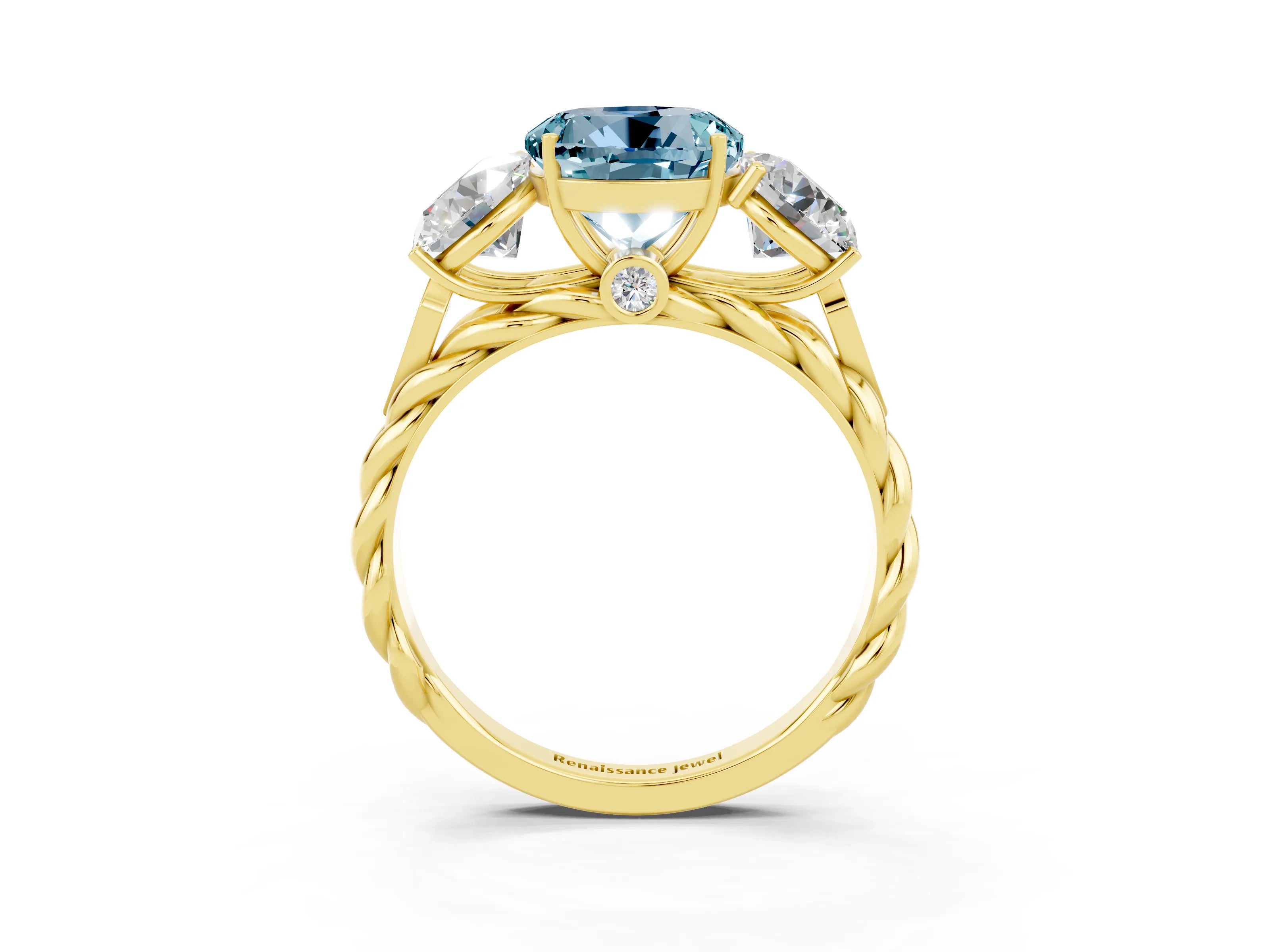 Yellow gold Three-Stone Round Cut Aquamarine Braided Band Ring with Four-Prong Setting_15