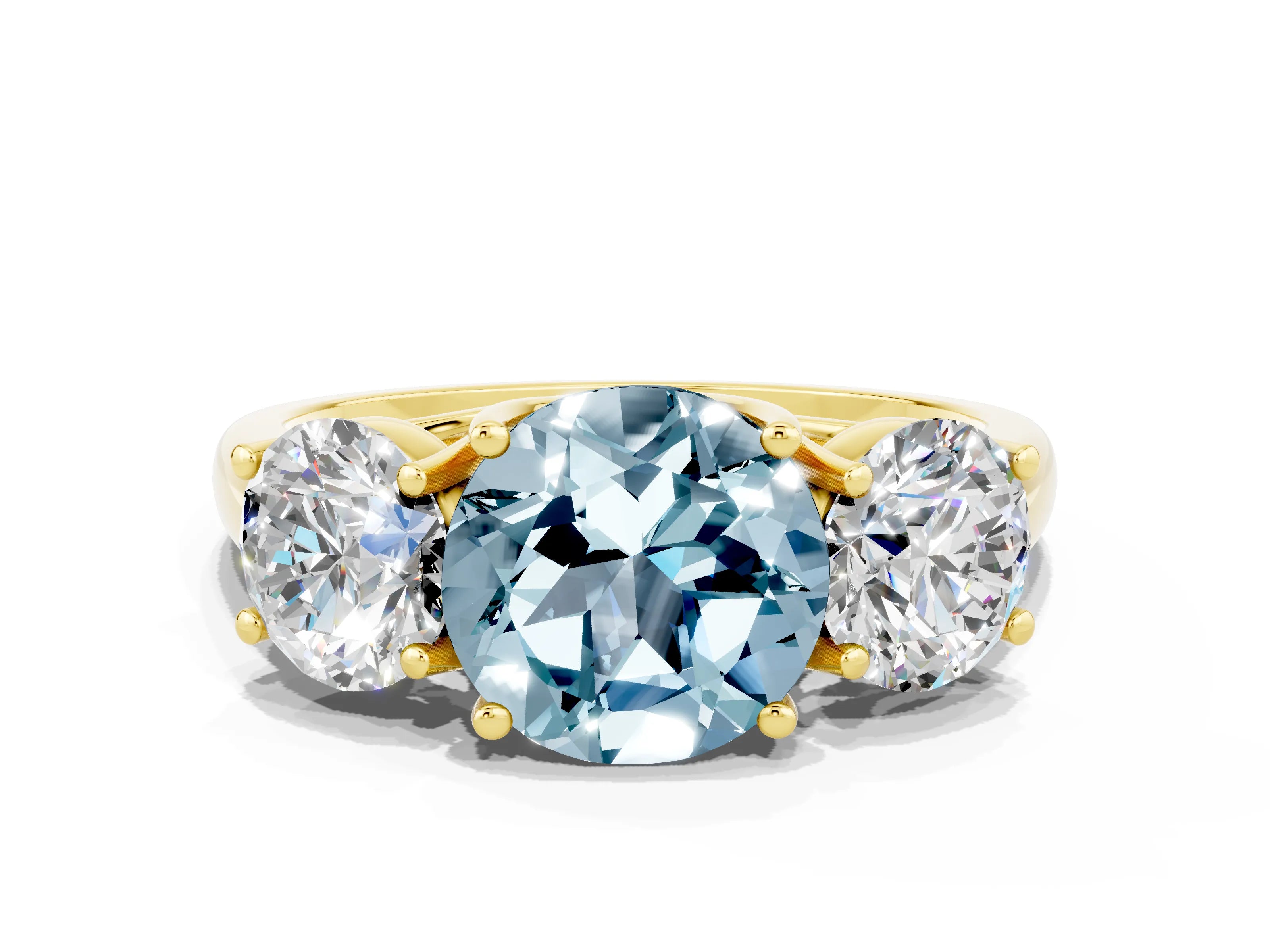 Yellow gold Three-Stone Round Cut Aquamarine Engagement Ring with Prong Setting