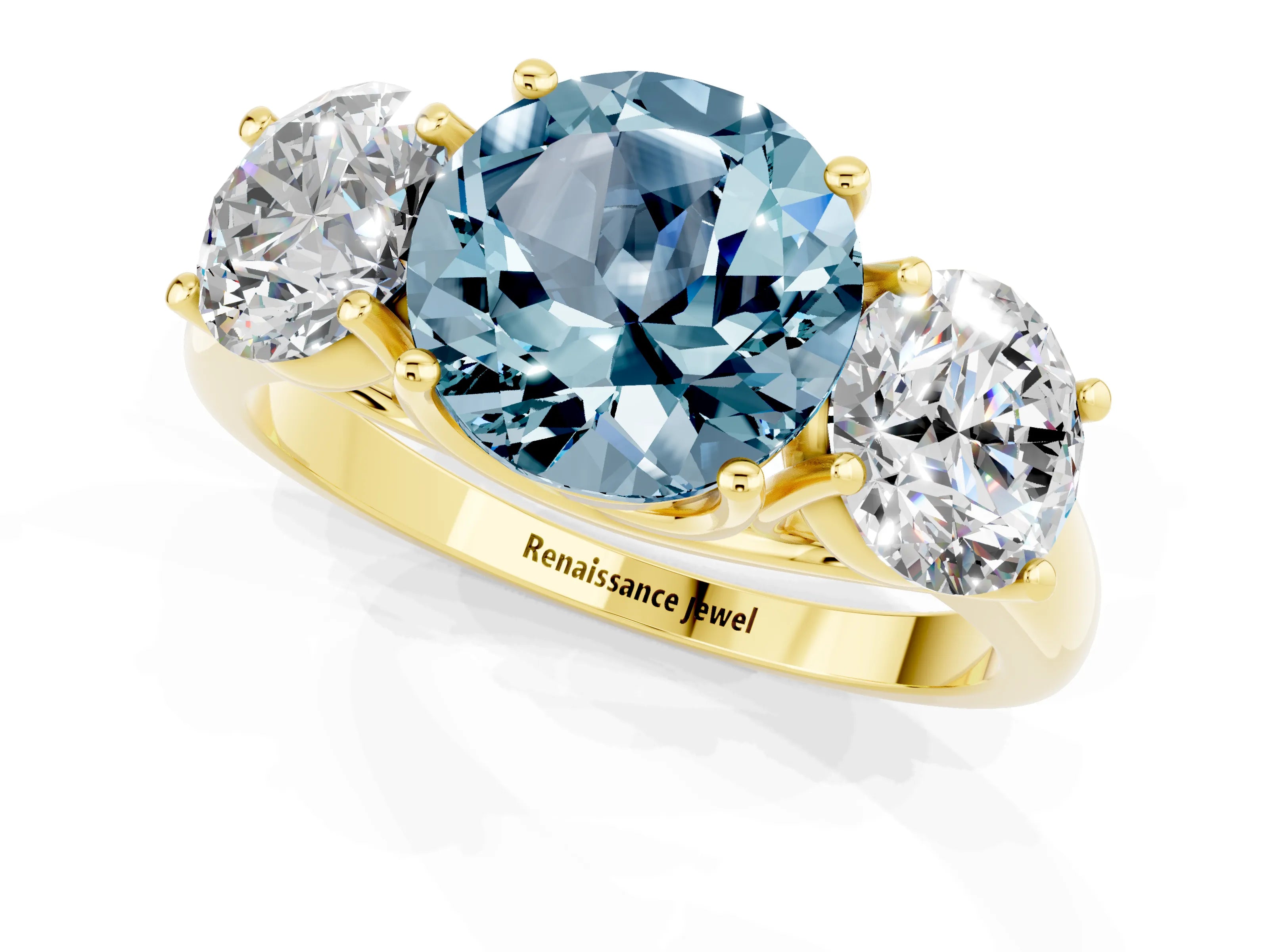 Yellow gold Three-Stone Round Cut Aquamarine Engagement Ring with Prong Setting_1