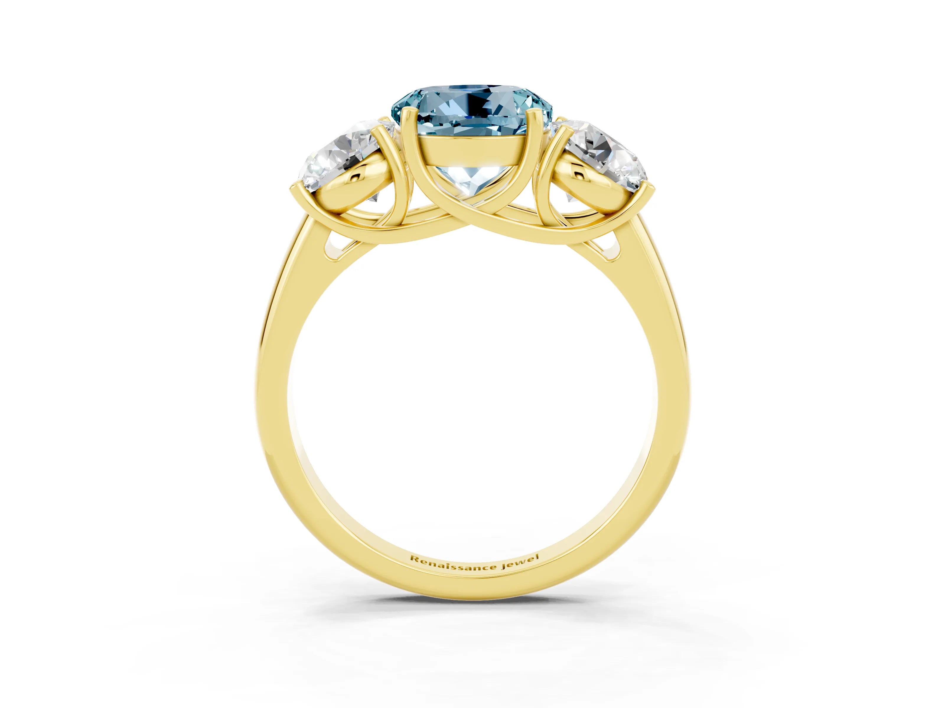 Yellow gold Three-Stone Round Cut Aquamarine Engagement Ring with Prong Setting_3