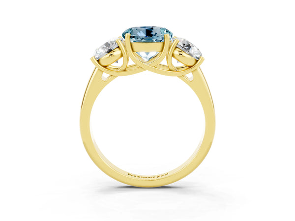 Yellow gold Three-Stone Round Cut Aquamarine Engagement Ring with Prong Setting