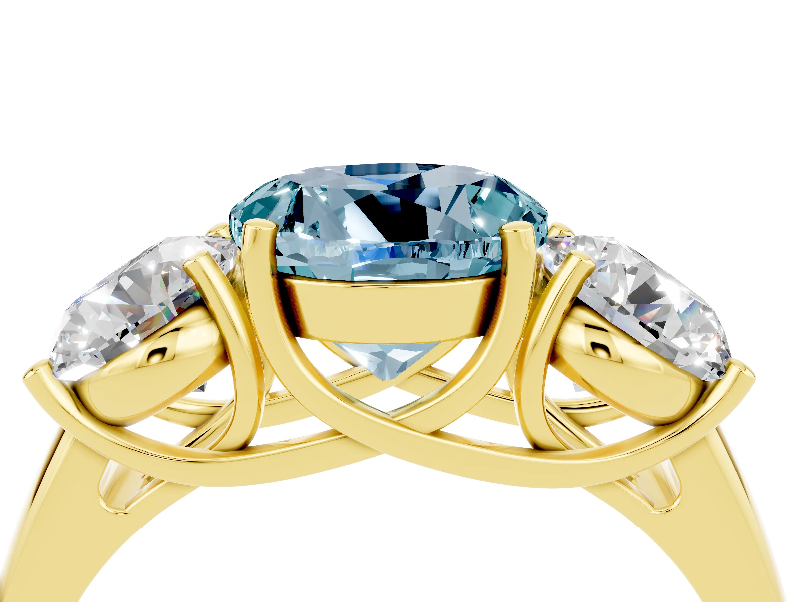 Yellow gold Three-Stone Round Cut Aquamarine Engagement Ring with Prong Setting_4