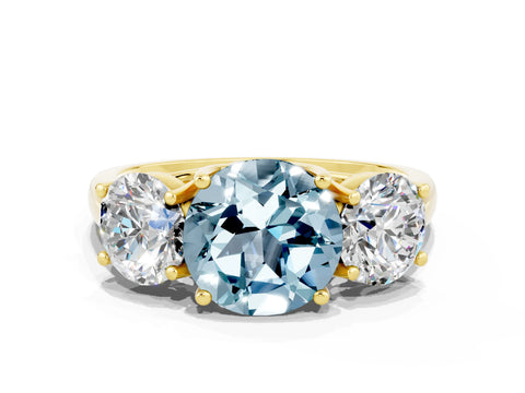 Yellow gold Three-Stone Round Cut Aquamarine Engagement Ring with Prong Setting