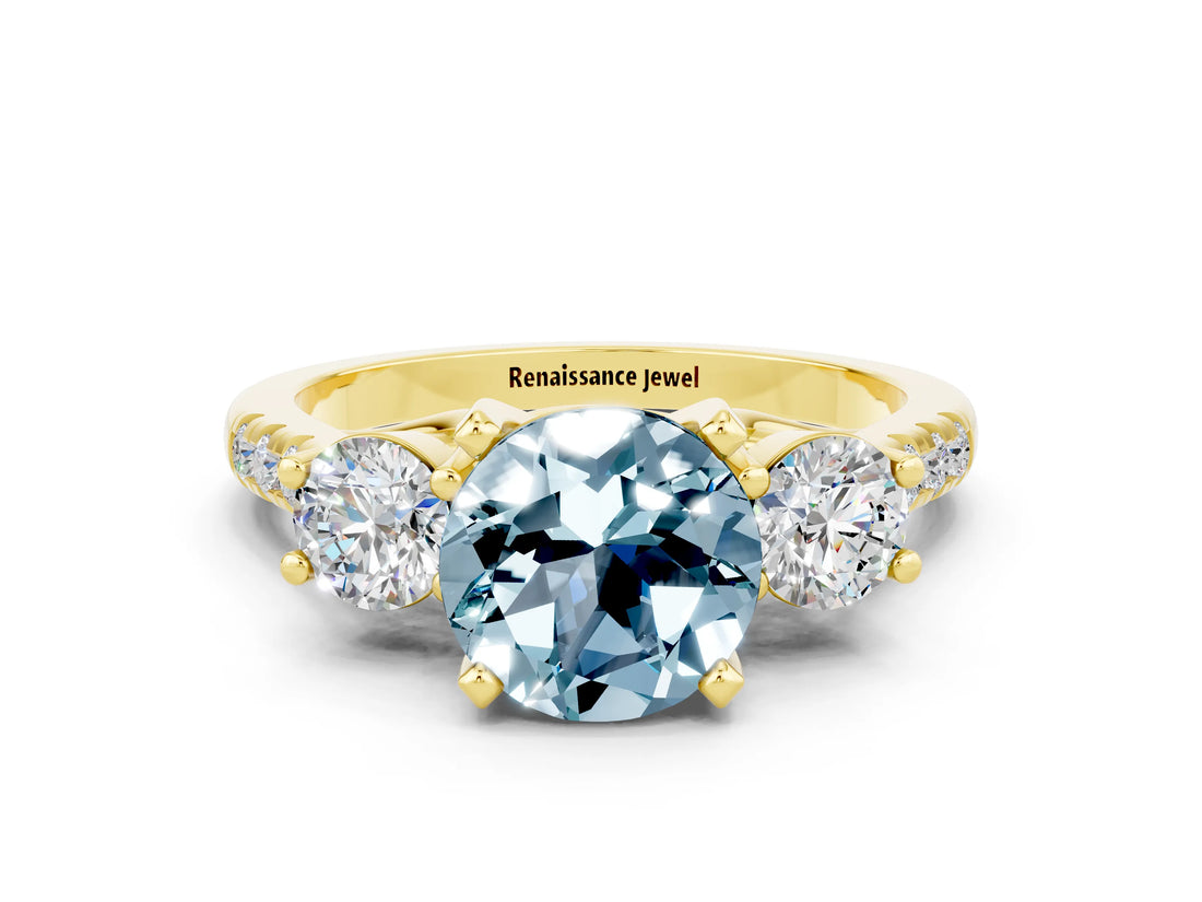 Yellow gold Three-Stone Round Cut Aquamarine Pavé Band with Four-Prong Setting