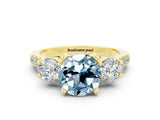 Yellow gold Three-Stone Round Cut Aquamarine Pavé Band with Four-Prong Setting