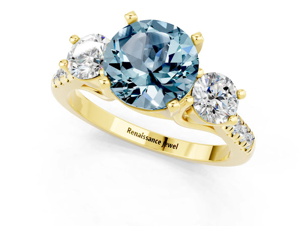 Yellow gold Three-Stone Round Cut Aquamarine Pavé Band with Four-Prong Setting