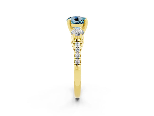 Yellow gold Three-Stone Round Cut Aquamarine Pavé Band with Four-Prong Setting
