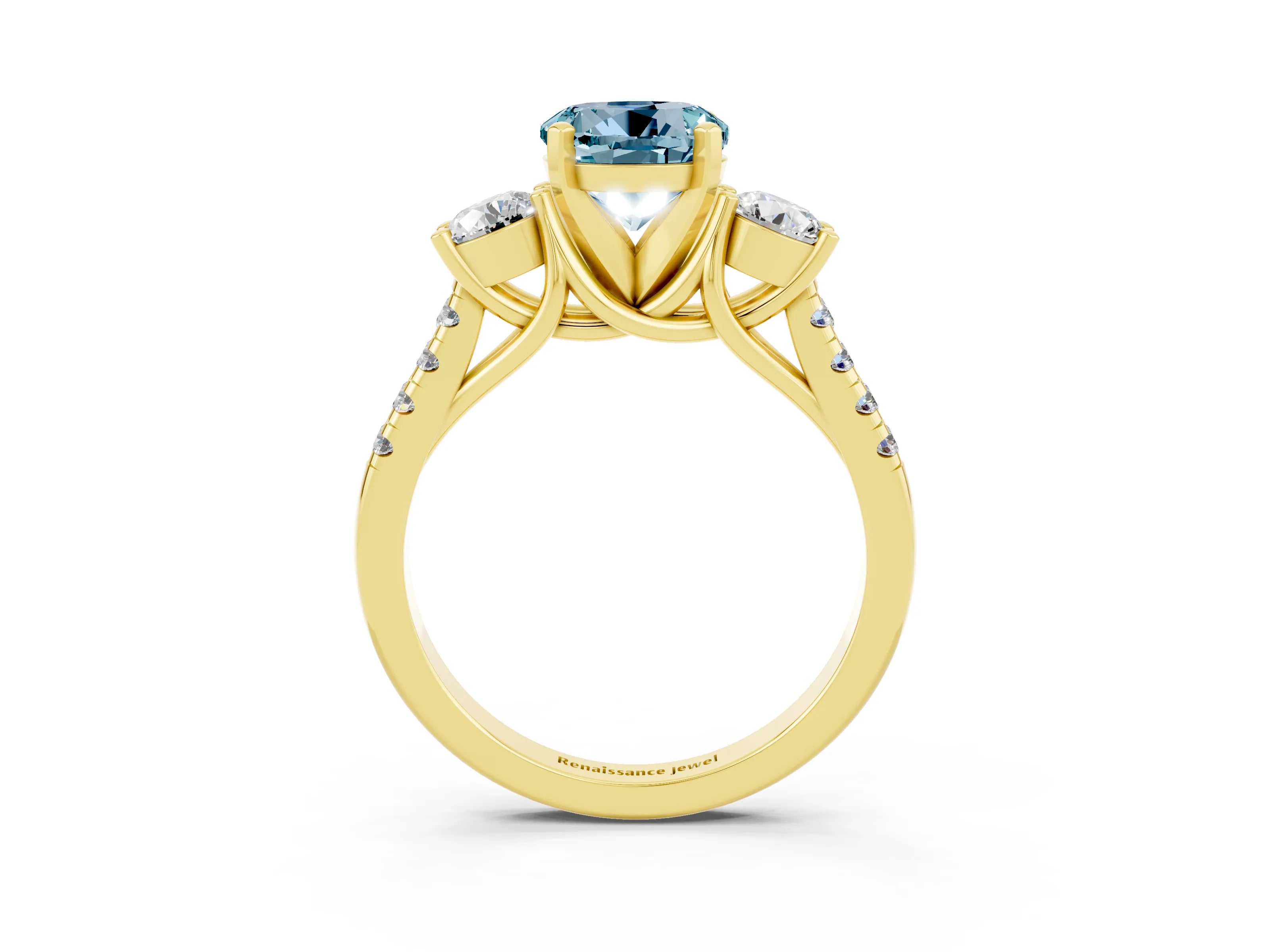 Yellow gold Three-Stone Round Cut Aquamarine Pavé Band with Four-Prong Setting_3