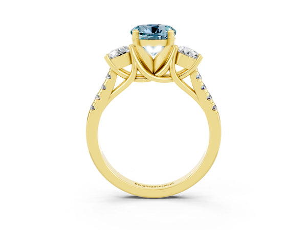 Yellow gold Three-Stone Round Cut Aquamarine Pavé Band with Four-Prong Setting