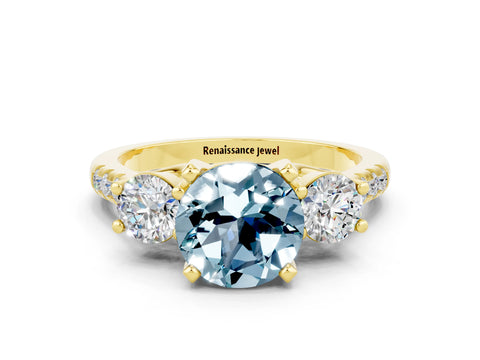 Yellow gold Three-Stone Round Cut Aquamarine Pavé Band with Four-Prong Setting