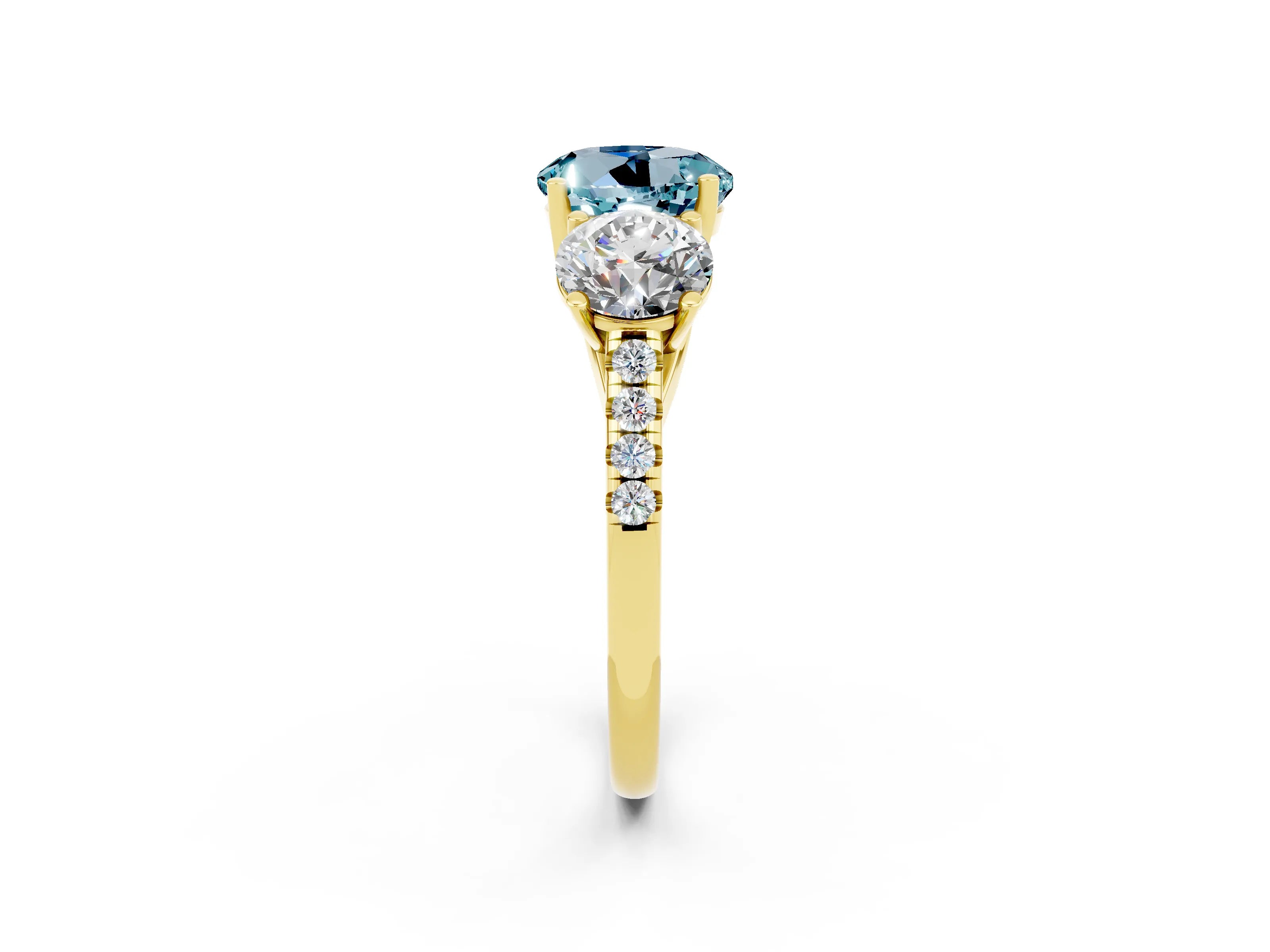 Yellow gold Three-Stone Round Cut Aquamarine Ring with Pavé Band and Prong Setting_14