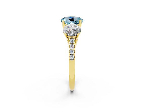Yellow gold Three-Stone Round Cut Aquamarine Ring with Round  Pavé Band and Prong Setting
