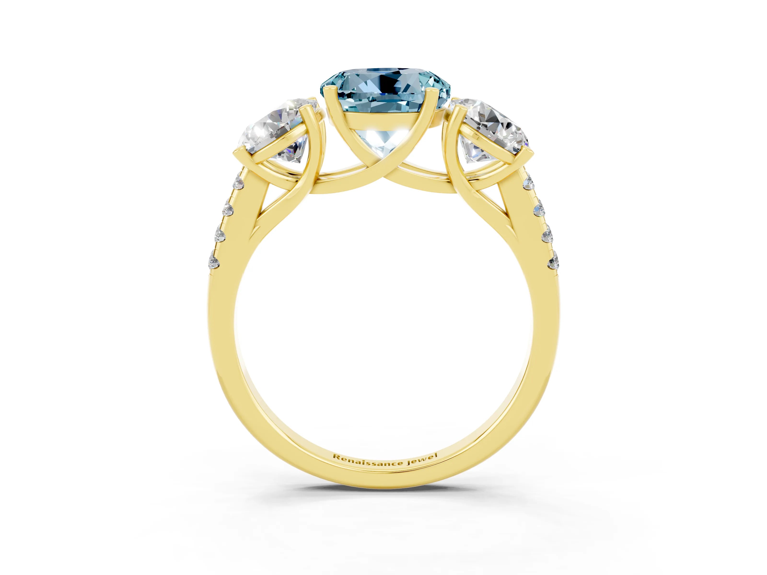 Yellow gold Three-Stone Round Cut Aquamarine Ring with Pavé Band and Prong Setting_15