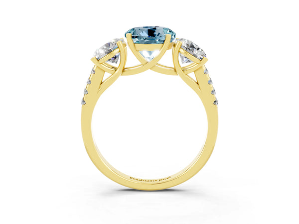 Yellow gold Three-Stone Round Cut Aquamarine Ring with Round  Pavé Band and Prong Setting