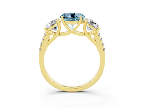 Yellow gold Three-Stone Round Cut Aquamarine Ring with Pavé Band and Prong Setting_15