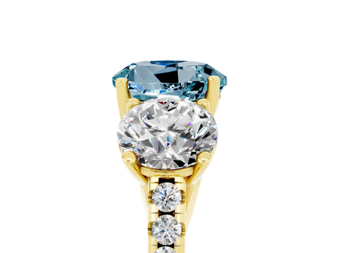 Yellow gold Three-Stone Round Cut Aquamarine Ring with Pavé Band and Prong Setting_17