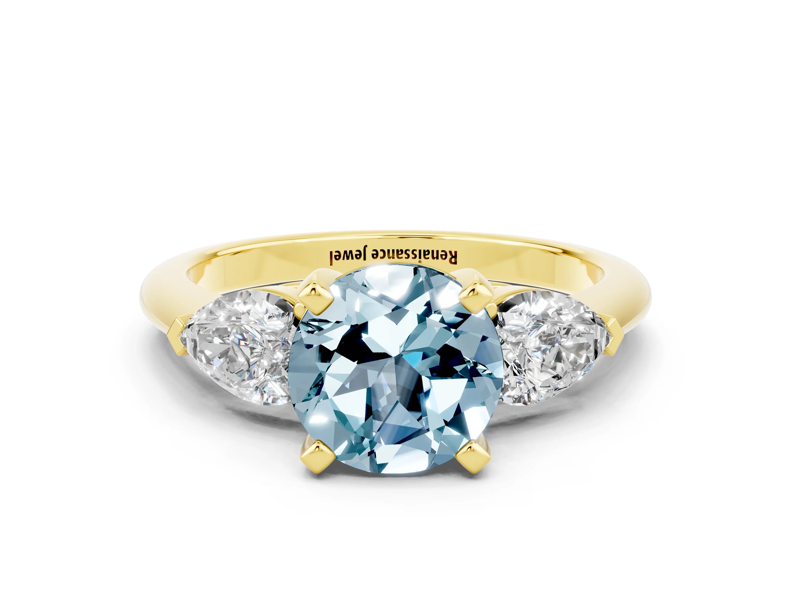 Yellow gold Three-Stone Round Cut Aquamarine Ring with Pear Side Stones and Four-Prong Setting