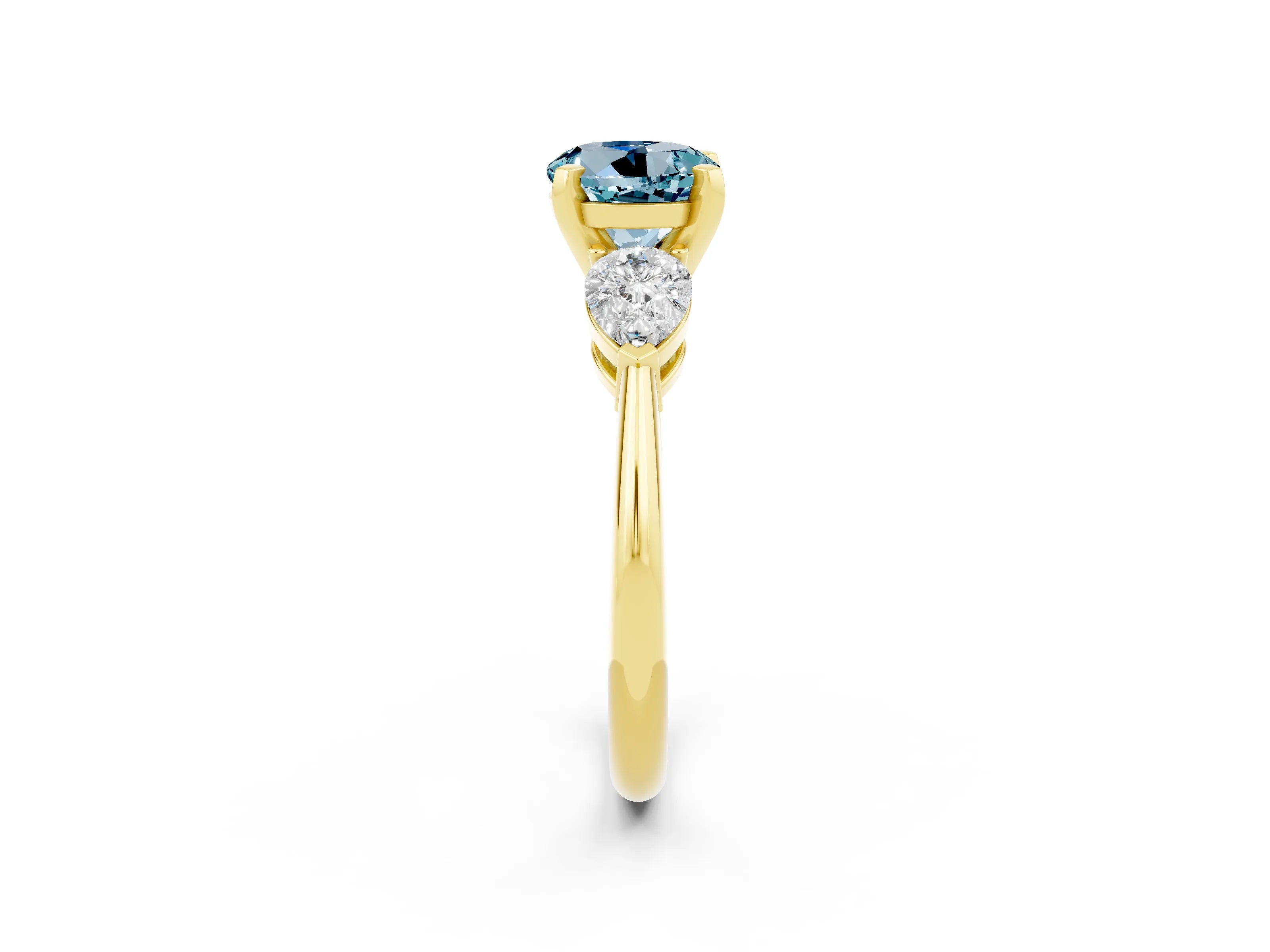 Yellow gold Three-Stone Round Cut Aquamarine Ring with Pear Side Stones and Four-Prong Setting_2