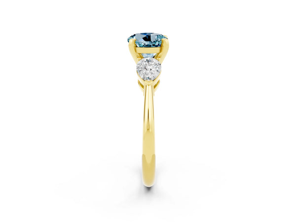 Yellow gold Three-Stone Round Cut Aquamarine Ring with Pear Side Stones and Four-Prong Setting