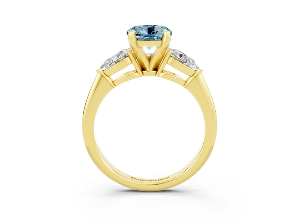 Yellow gold Three-Stone Round Cut Aquamarine Ring with Pear Side Stones and Four-Prong Setting