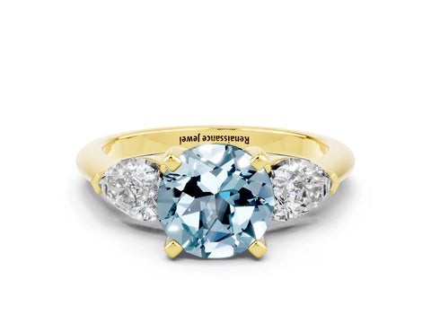 Yellow gold Three-Stone Round Cut Aquamarine Ring with Pear Side Stones and Four-Prong Setting